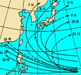 台風の月別の主な経路